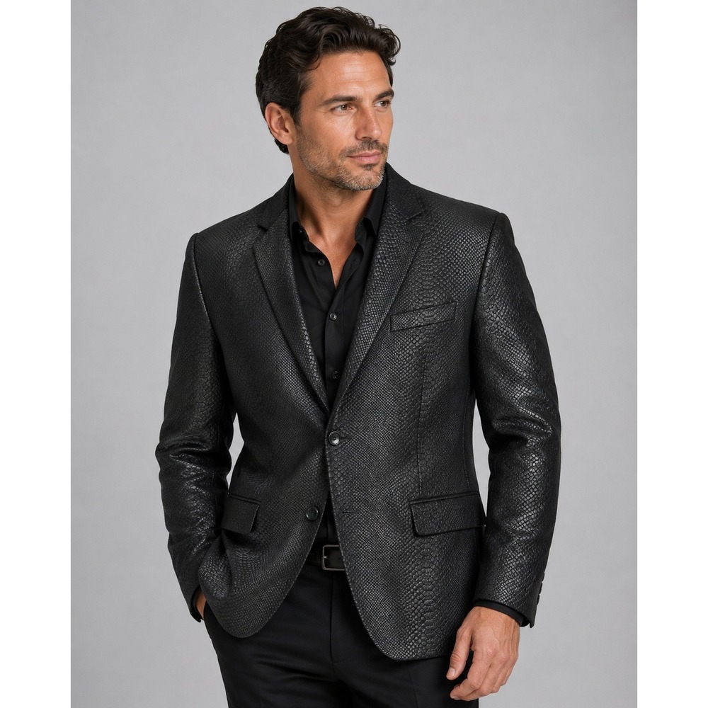 Angelino Blazer Men 42 Regular Snakeskin Embossed Black Formal Jacket Casual